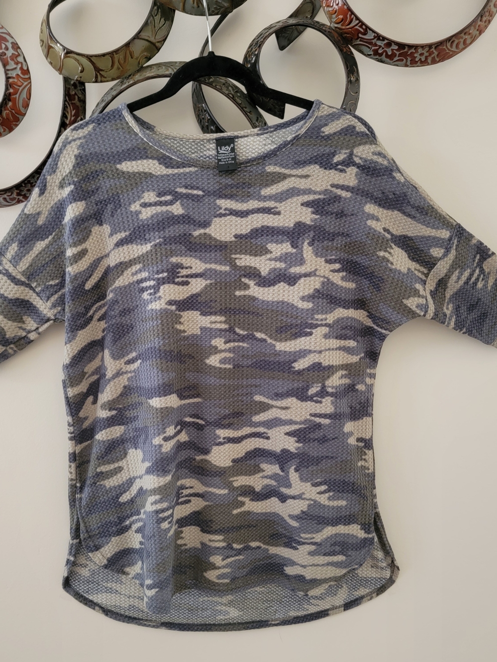 Lildy Green Cream Camo Knit Tunic Top